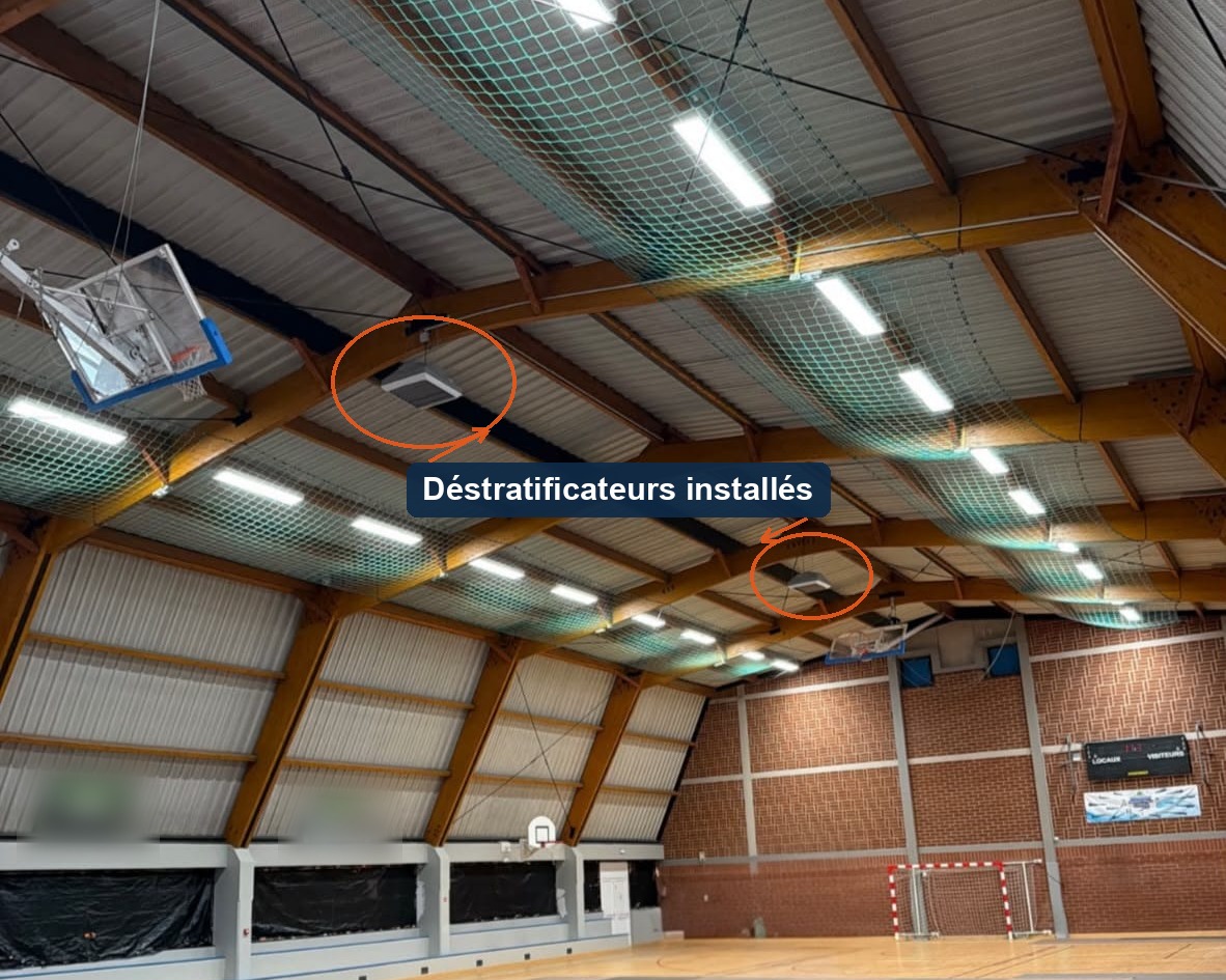 Gymnase de grande hauteur équipé de déstratificateurs posés sous la charpente